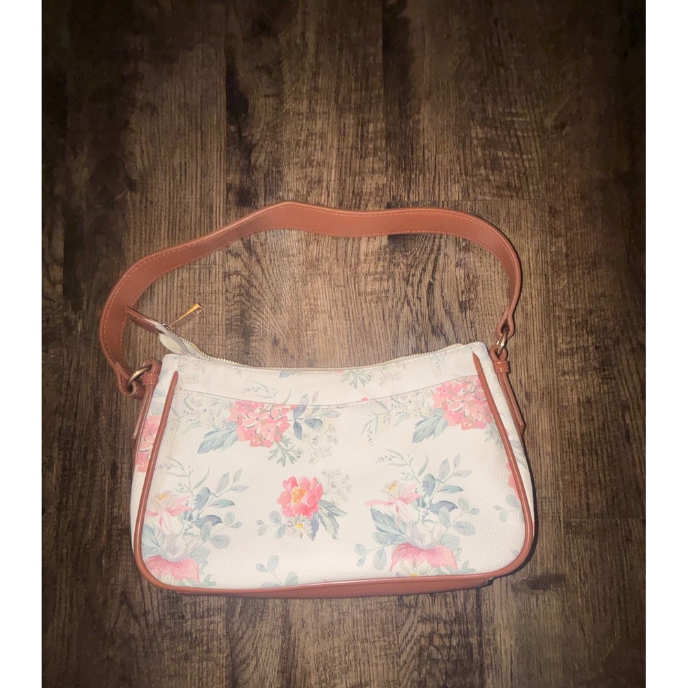 Floral Print Shoulder Bag Cream Pink Blue Faux Leather Trim Baguette Purse